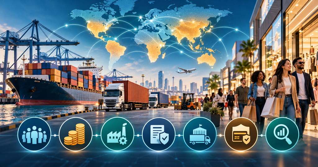 Infographic illustrating purchasing power, manufacturing, trade regulations, logistics and payment risks in large consumer markets
