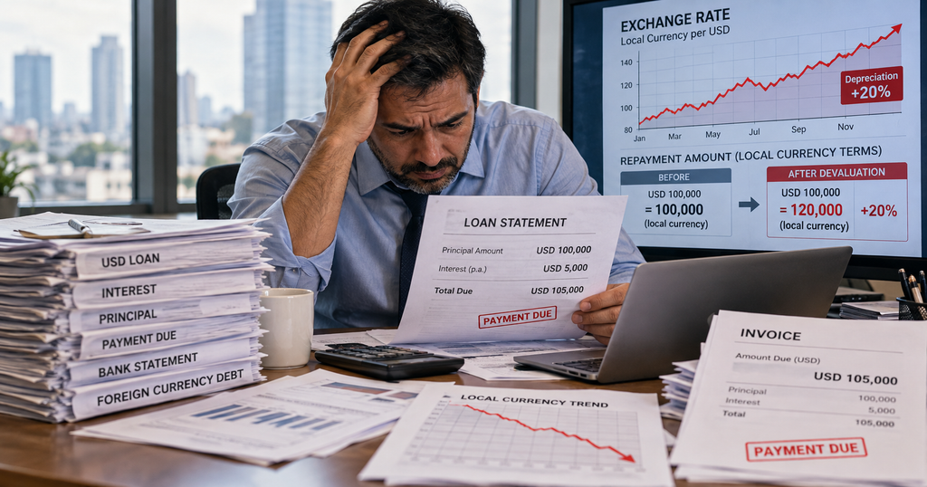 Business owner facing a higher local-currency repayment burden on foreign-currency debt
