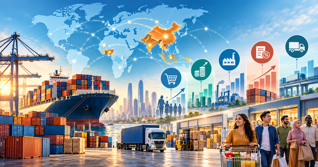 Global trade and shipping activities connecting exporters with large consumer markets worldwide