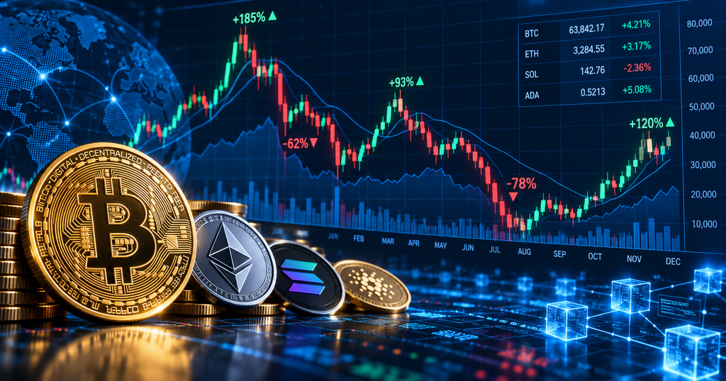 Illustrative cryptocurrency price chart showing sharp market rises and falls