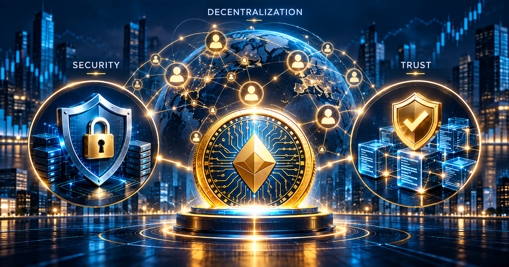 Blockchain network illustrating cryptocurrency security, decentralization and trust